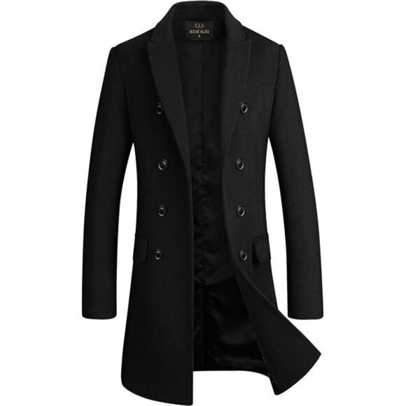 Men's Wool Blend Double Breasted Long Coat Black - Picture 1 of 6